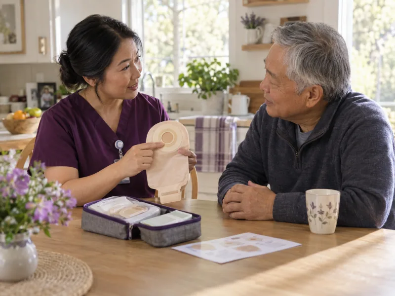 Home health nurse demonstrating an unused ostomy pouch to an older man.