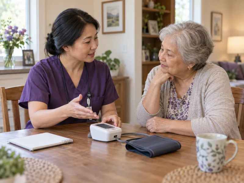 Nurse teaching an older woman how to use a home blood pressure monitor.