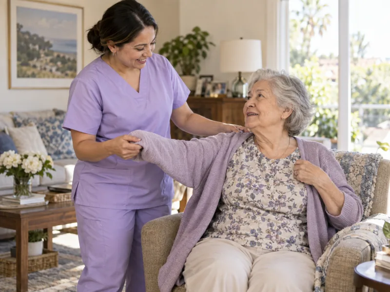 Home health aide helping an older woman put on a cardigan.
