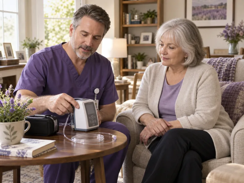 Home health nurse explaining an infusion pump to an older woman.