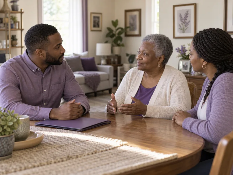 Medical social worker discussing care resources with an older woman and her daughter.