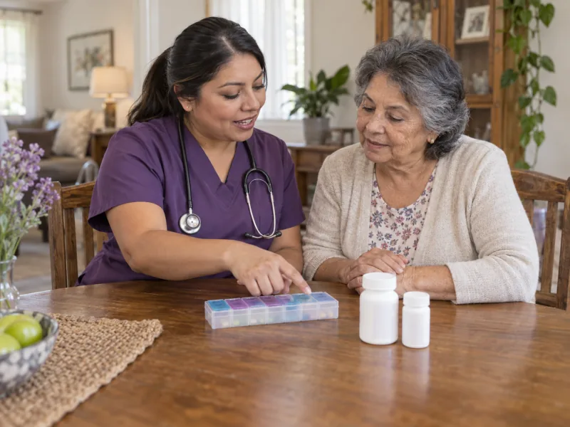 Nurse reviewing a pill organizer with an older woman at home.