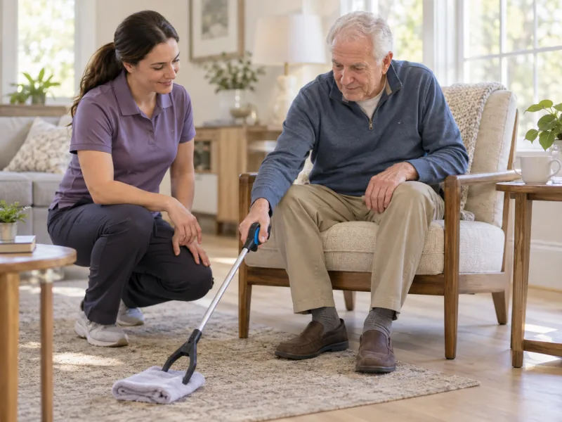 Occupational therapist helping an older man use a reacher at home.
