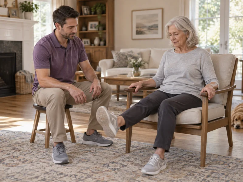 Physical therapist coaching an older woman through a seated leg exercise at home.