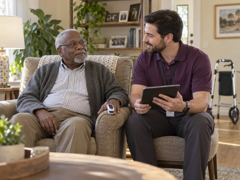 Home health clinician following up with an older man after hospitalization.