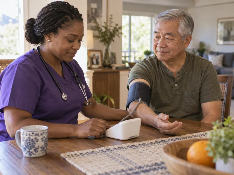 Home health nurse checking an older man's blood pressure.