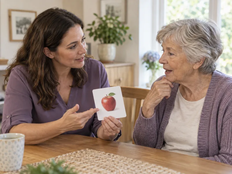 Speech therapist using a picture card during an older woman's home visit.