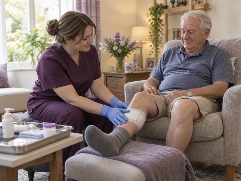 Home health nurse checking a covered dressing on an older man's leg.