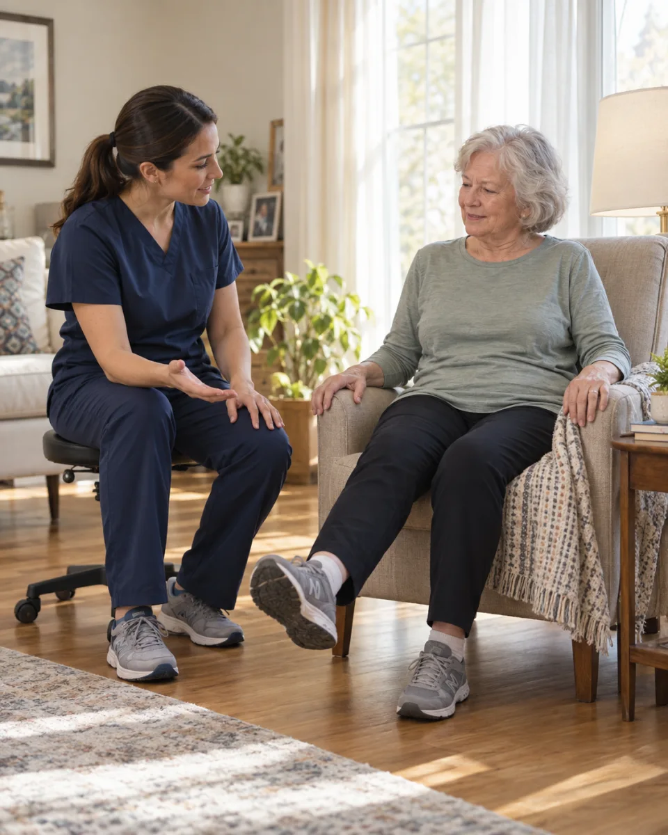 Physical therapist guiding an older adult through seated movement at home