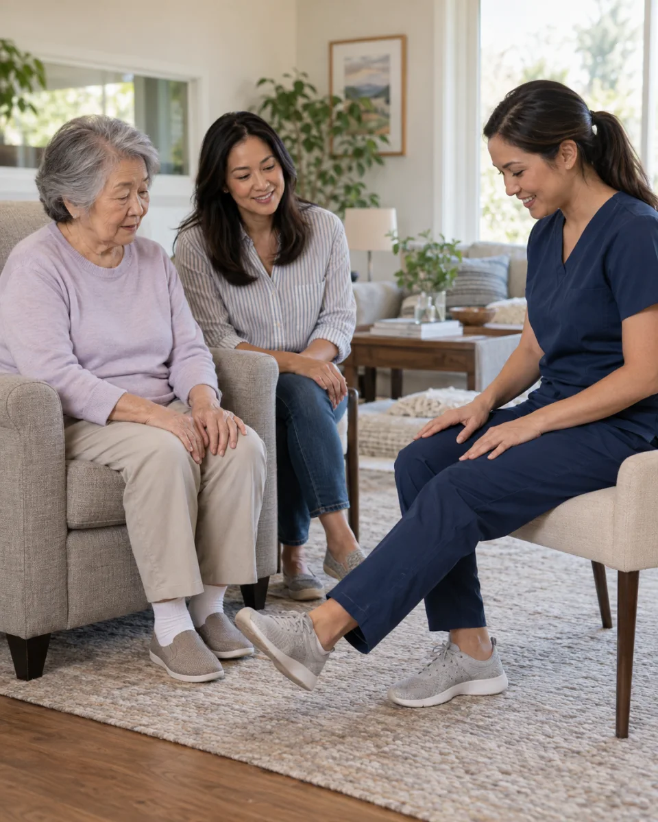 Patient and daughter learning from a therapist during a home visit