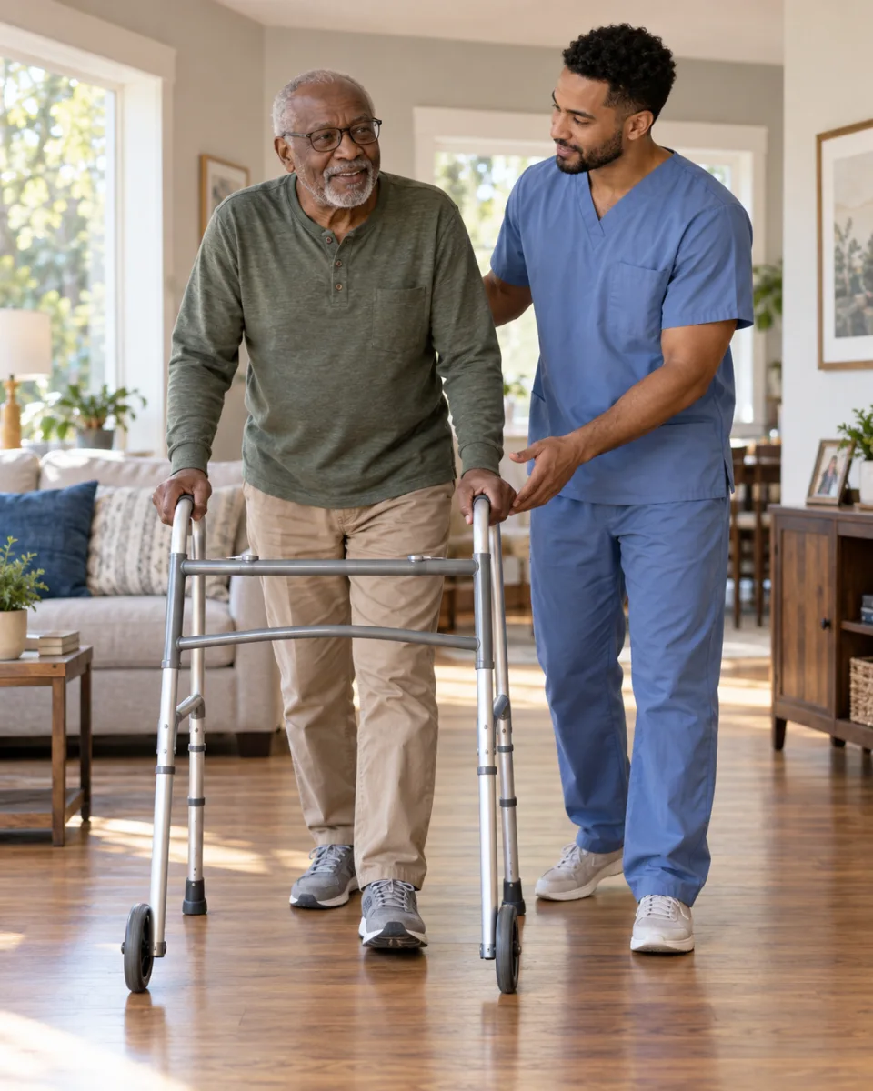 Therapist supervising walking practice with a walker at home
