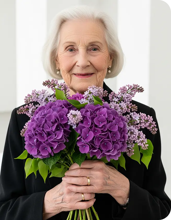 Older woman holding a bouquet of purple flowers