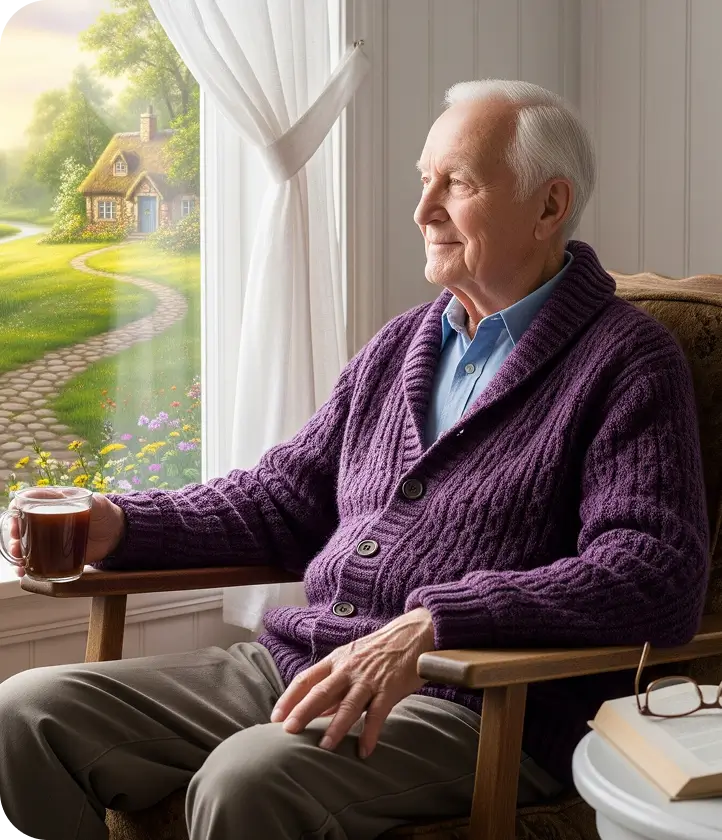 Older man sitting by a window with a cup