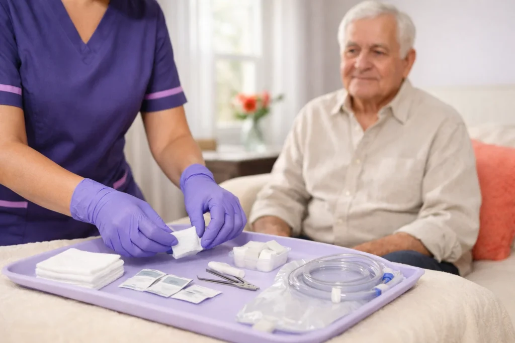 Nurse teaching a caregiver how to manage catheter hygiene and drainage care at home.