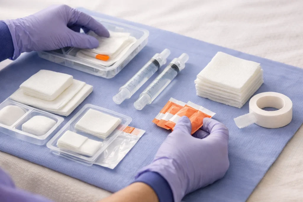 Sterile PICC line dressing change supplies arranged at home for safe line care.