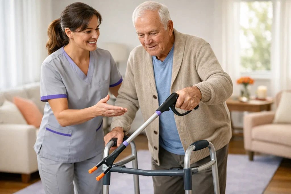 Occupational therapist teaching safe use of a walker and reacher during adaptive equipment training at home.
