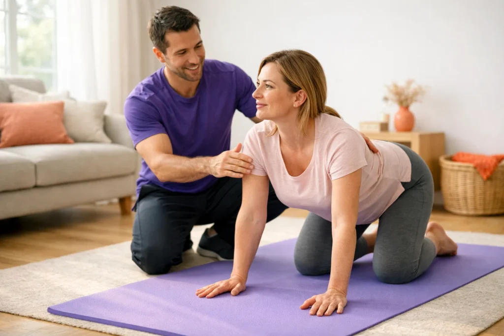 Physical therapist teaching posture and core exercises for back pain physical therapy at home.