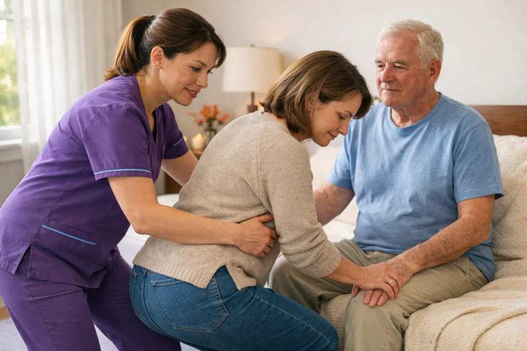 Nurse demonstrating safe transfer technique to a family caregiver during caregiver training at home.