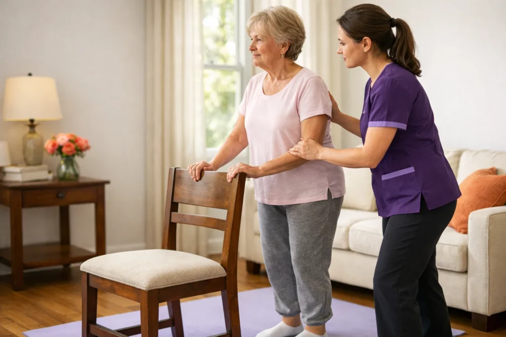 Physical therapist guiding a safe balance test during a fall risk assessment at home.