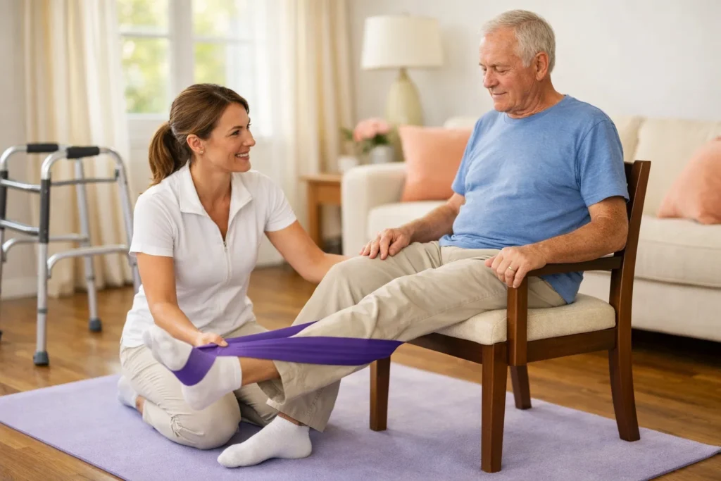 Physical therapist guiding gentle exercises for hip replacement rehab at home with a walker nearby.