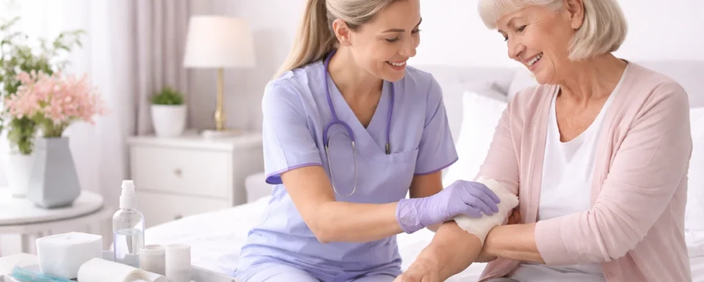 Wound Care at Home – Home Wound Care Services banner with caregiver applying a clean bandage in a bright, calm bedroom setting.