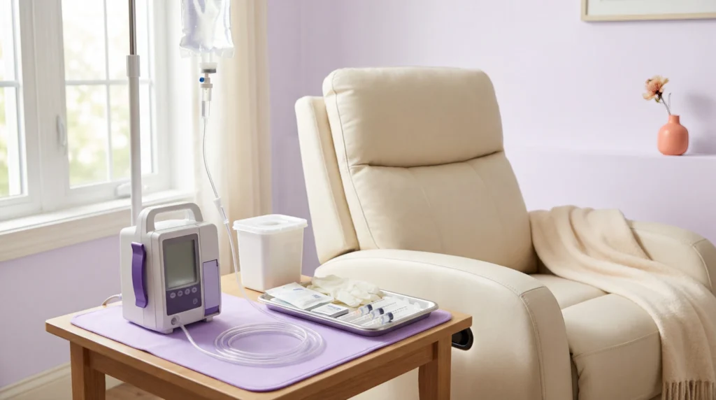 Sterile home IV therapy supplies and portable infusion equipment prepared for medication administration.