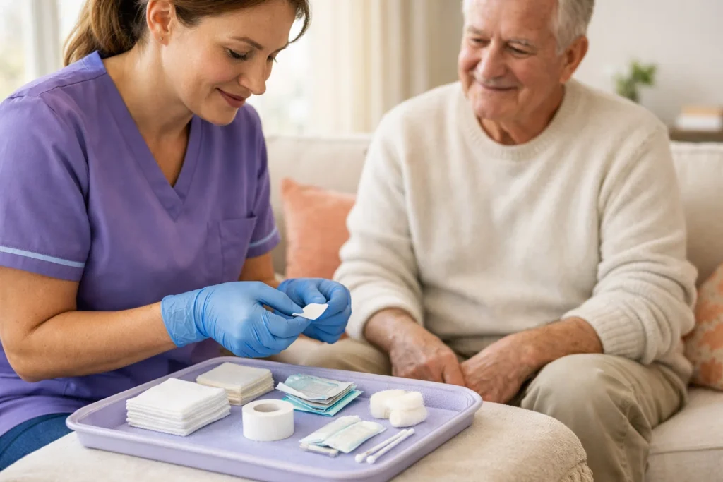 Nurse preparing sterile supplies for post-surgical wound care at home with the dressing fully covered.
