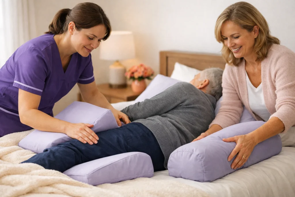 Nurse and caregiver positioning pillows for pressure ulcer care at home, focused on comfort and offloading.