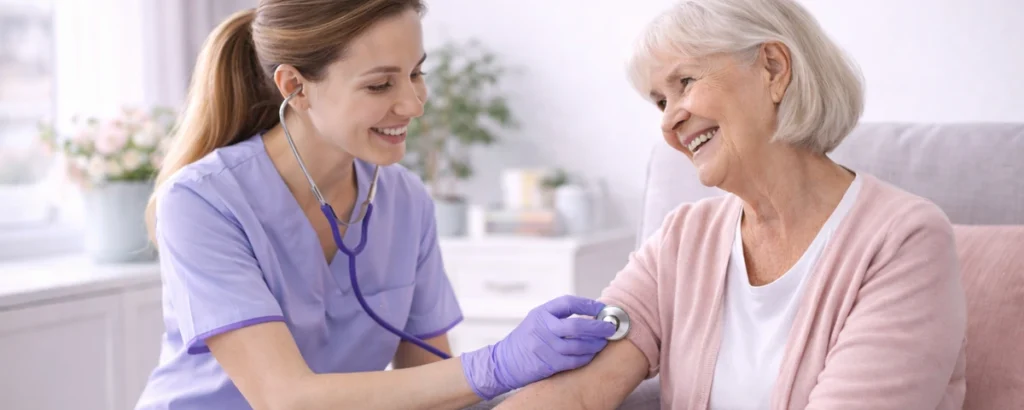 Wound Care at Home – Skilled Nursing Care at Home banner with nurse listening to heartbeat in a bright, calm living room.