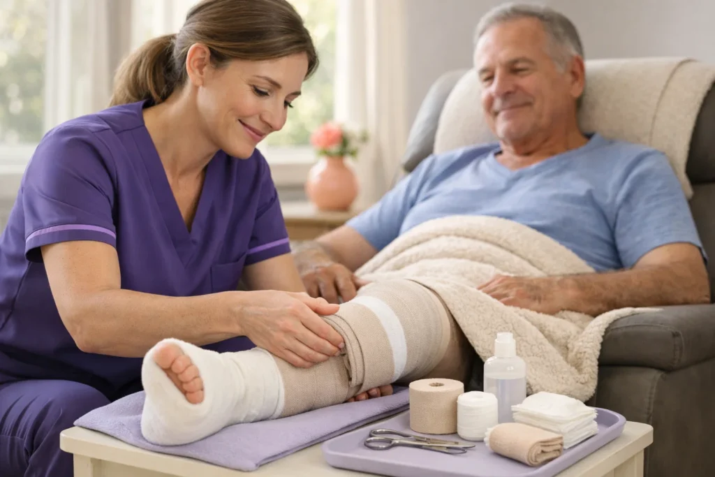 Wound care nurse applying a compression wrap over a covered leg dressing for venous leg ulcer treatment at home.