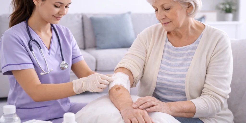 Wound Dressing Changes at Home with skilled nursing care ensuring clean, safe, and proper healing.