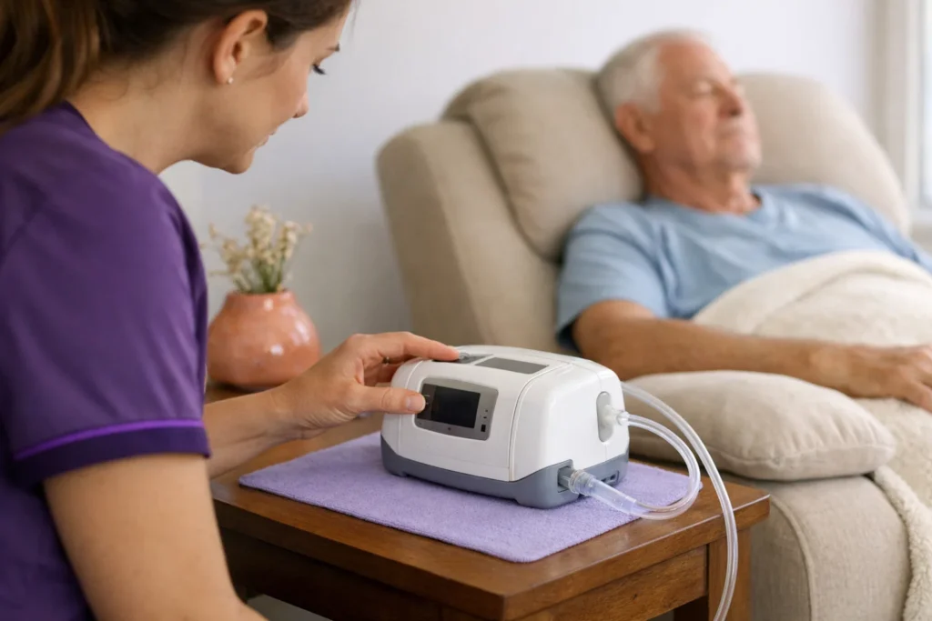 Home health nurse checking an unbranded wound VAC device on a side table during wound VAC therapy at home.
