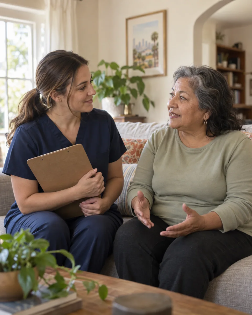 Physical therapist discussing home care goals with an older adult