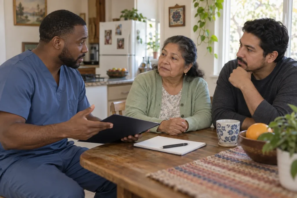 Nurse discussing follow-up care with an older woman and her son at home