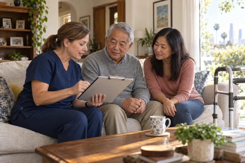 Home health nurse discussing a recovery care plan with an older man and his daughter
