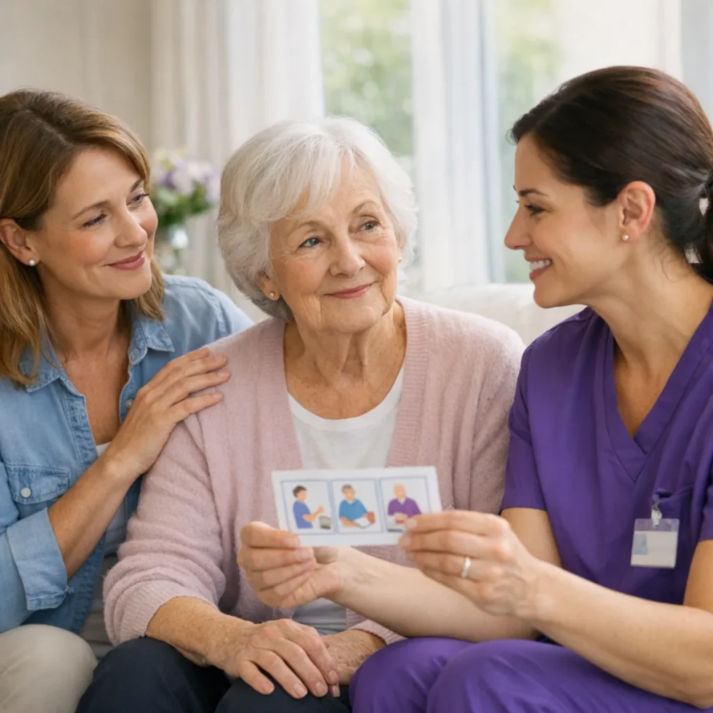 Home health clinician supporting an older patient with Alzheimer's disease and a family caregiver at home