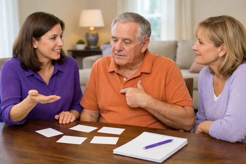 Speech-language pathologist helping an older stroke survivor with aphasia communicate at home