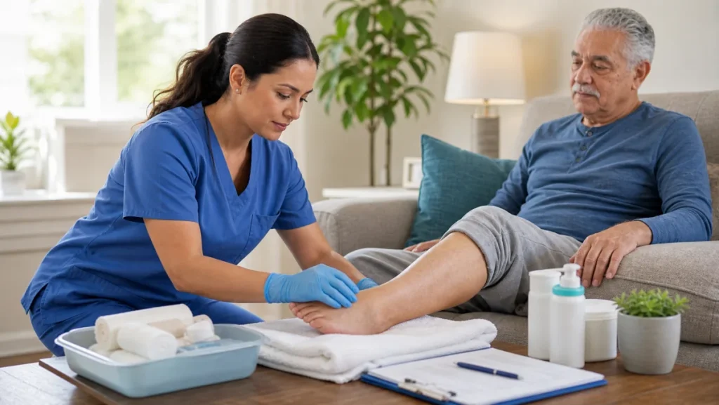 Home health nurse gently assessing lower leg circulation for arterial ulcer care at home