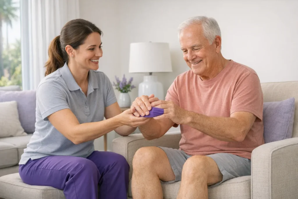 Physical therapist helping an older adult with gentle hand and joint movement for arthritis at home