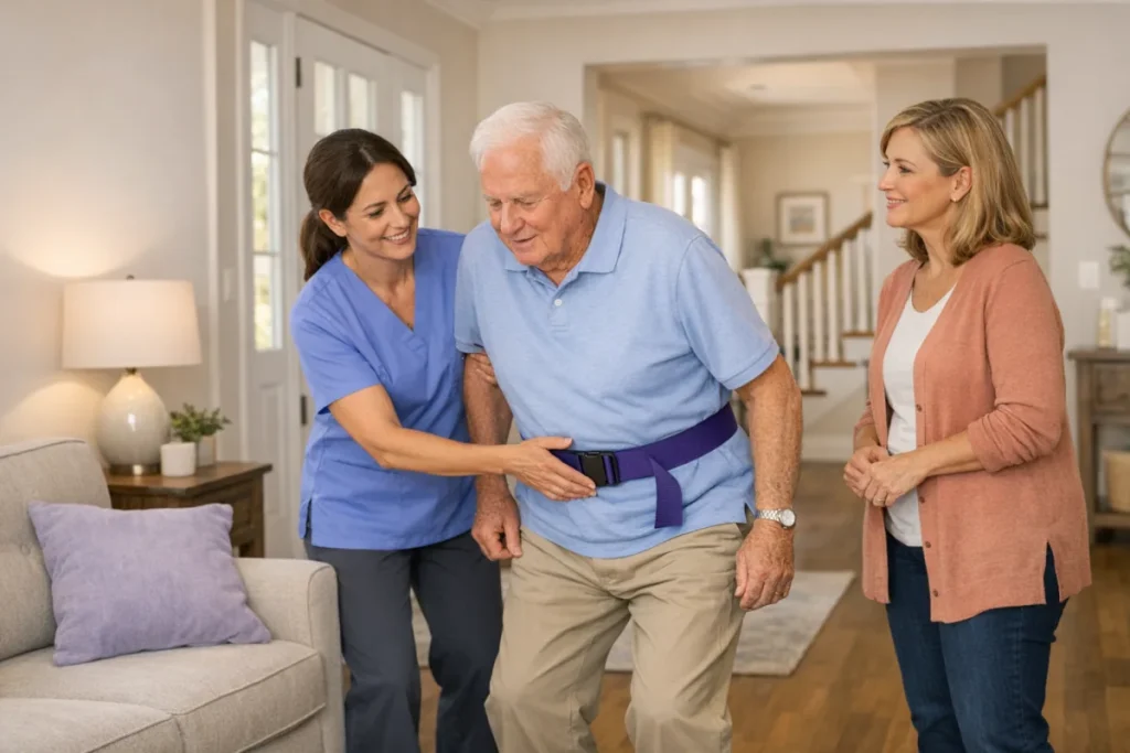 Physical therapist helping an older senior practice safer movement for arthritis at home with caregiver support