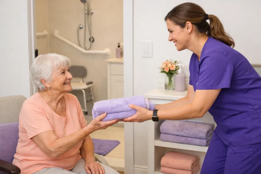 Home health aide handing a lavender towel to an older patient near a safe home bathroom