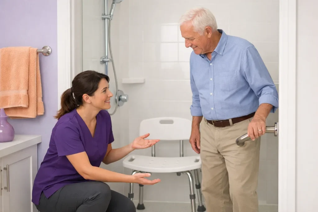 Occupational therapist helping an older adult practice safer bathing setup at home