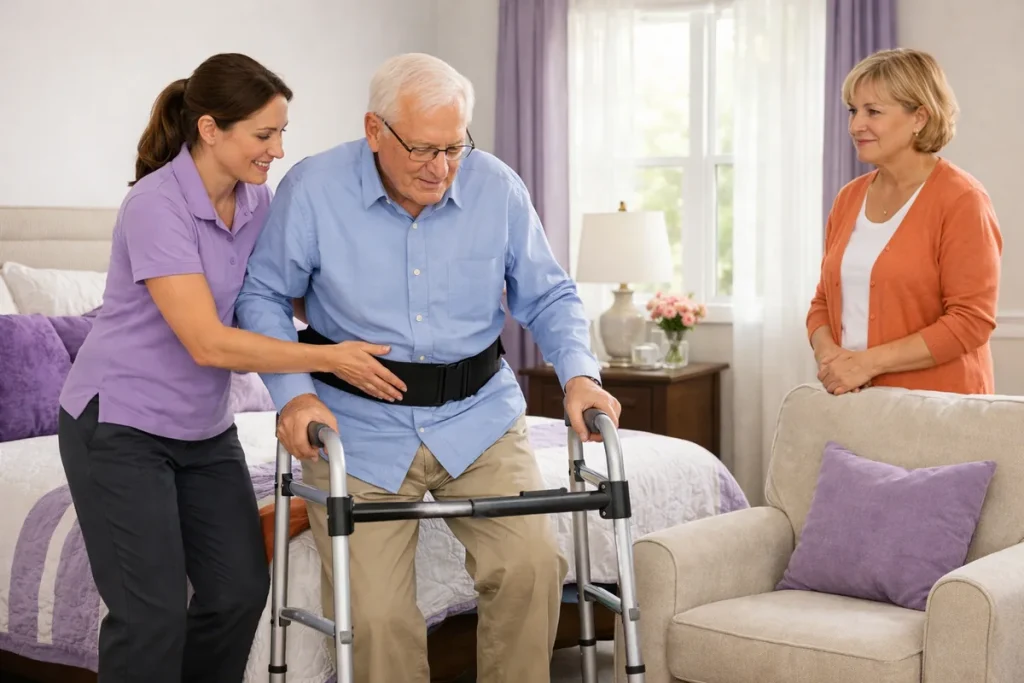 Occupational therapist helping an older adult practice a bed to chair transfer at home