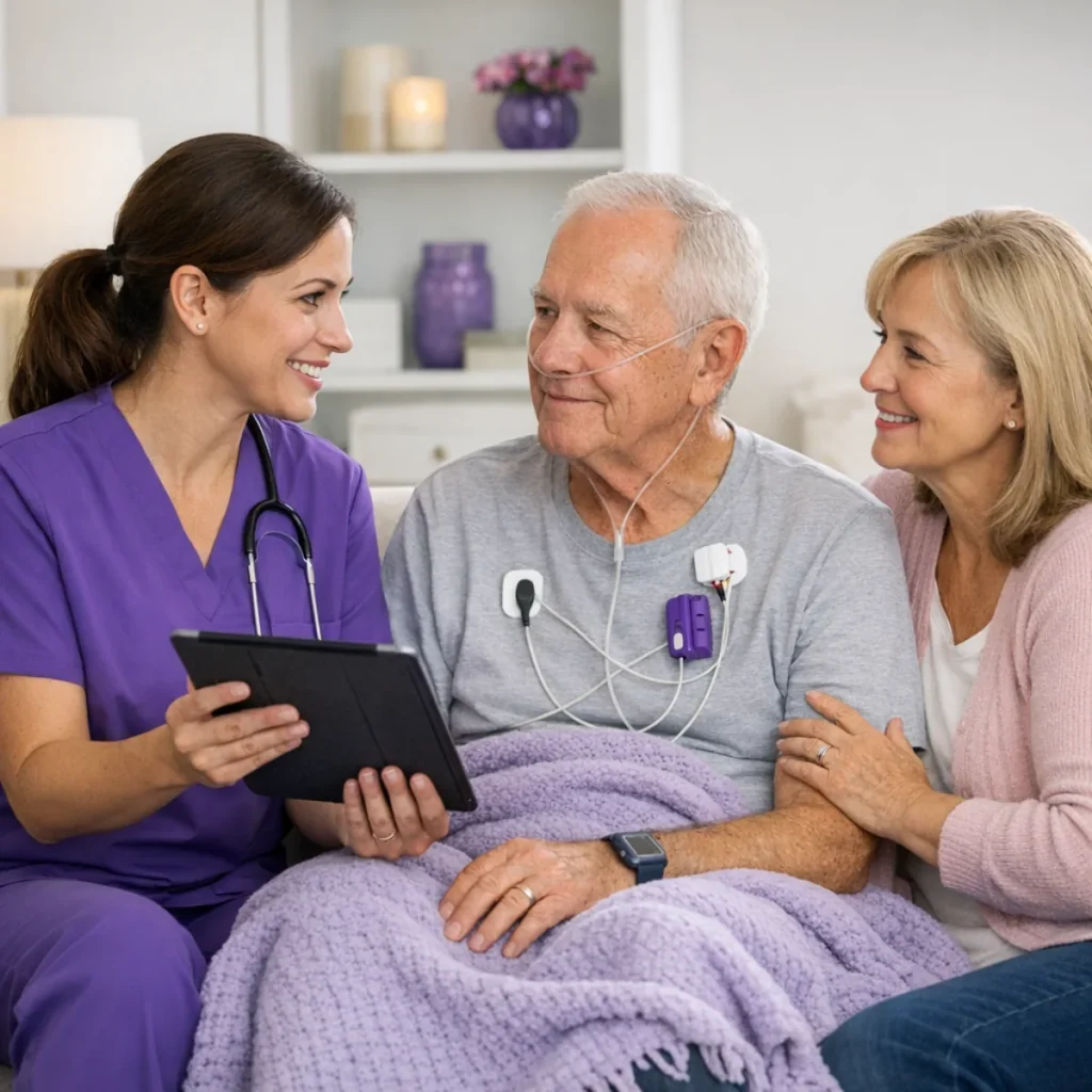 Home health nurse discussing cardiac care monitoring with an older patient and family caregiver at home