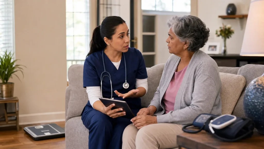 Home health nurse discussing CHF monitoring with an older adult patient at home