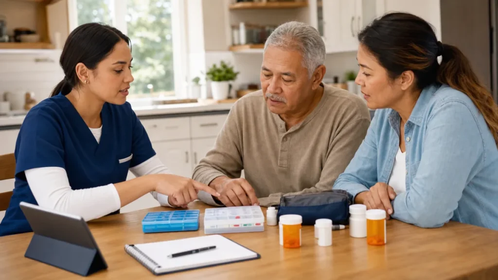 Home health nurse reviewing medications and chronic disease care routines with an older adult patient and caregiver