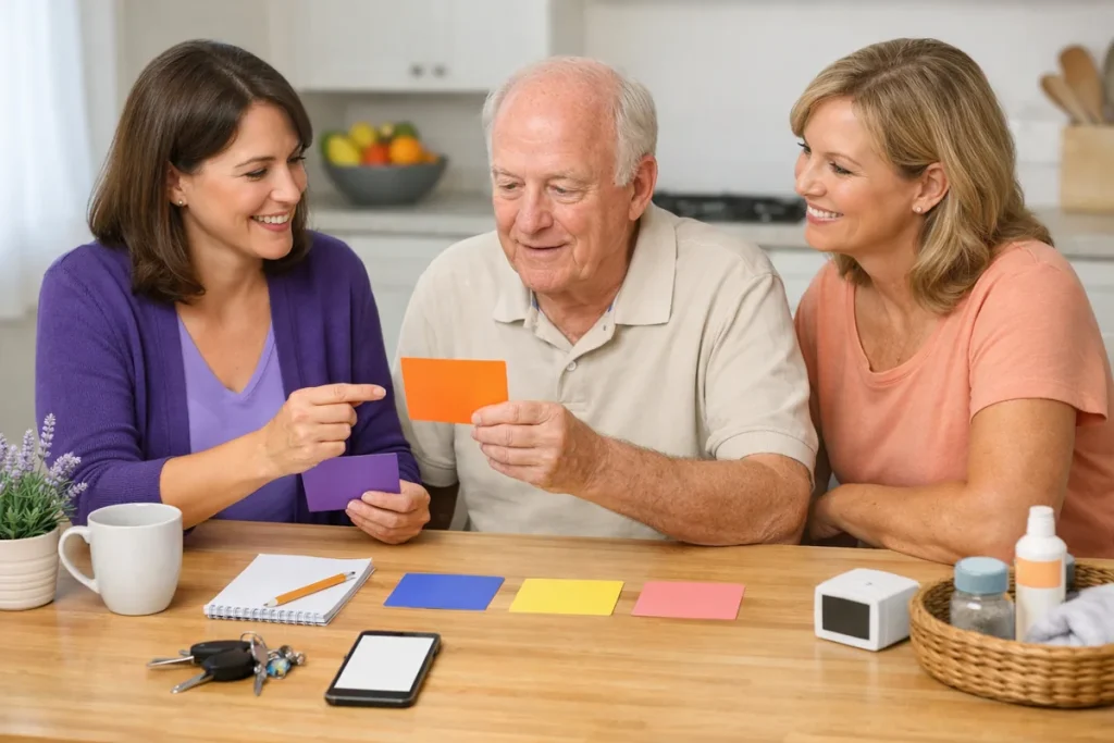 Speech-language pathologist helping an older patient practice cognitive communication routines at home