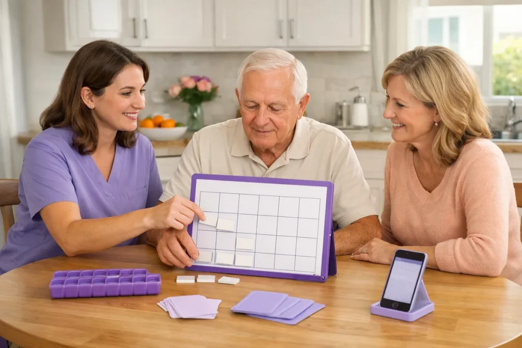 Occupational therapist helping an older adult and caregiver with cognitive rehab routines at home