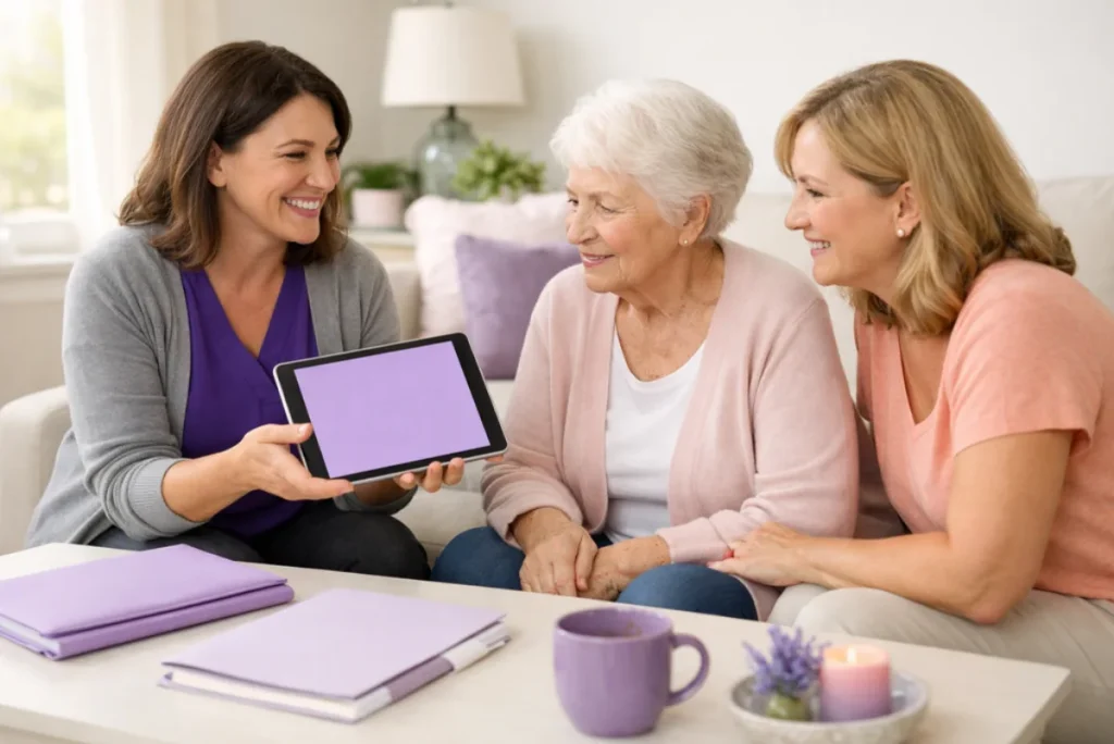 Medical social worker helping an older patient and caregiver review community resource options at home