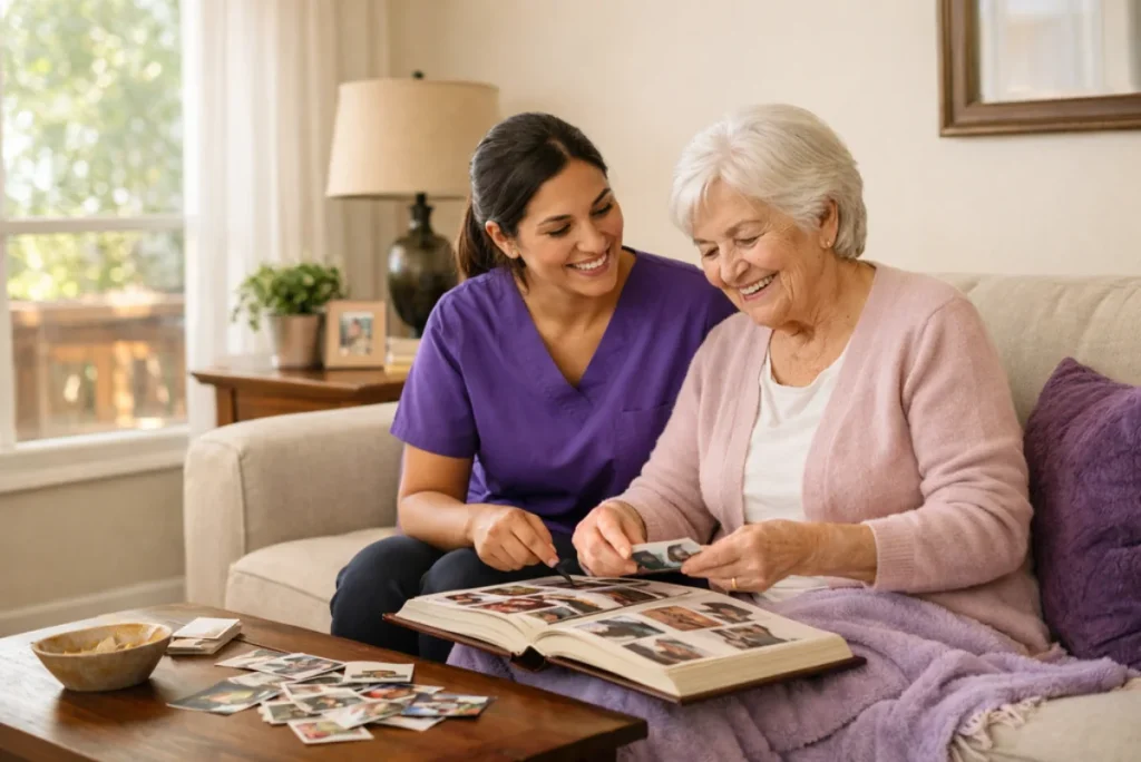 Home health aide sharing a supportive conversation and photo activity with an older patient at home